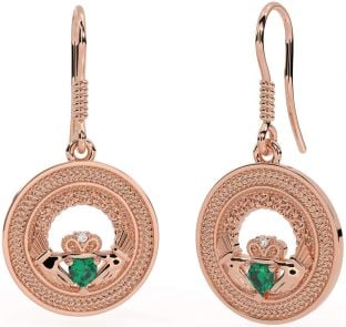 Emerald Rose Gold Silver Celtic Claddagh Trinity Knot Dangle Earrings