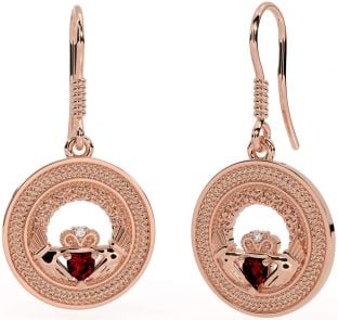 Garnet Rose Gold Silver Celtic Claddagh Trinity Knot Dangle Earrings