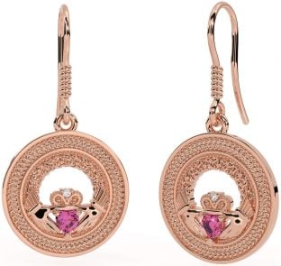 Pink Tourmaline Rose Gold Silver Celtic Claddagh Trinity Knot Dangle Earrings