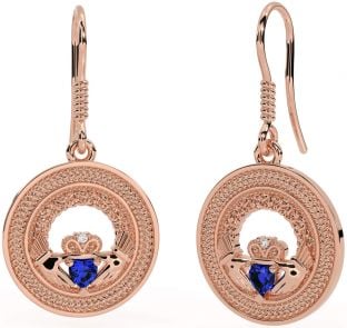 Sapphire Rose Gold Silver Celtic Claddagh Trinity Knot Dangle Earrings