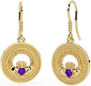 Amethyst Gold Silver Celtic Claddagh Trinity Knot Dangle Earrings