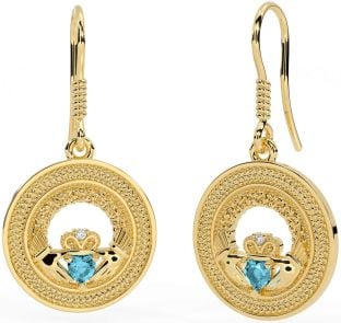 Aquamarine Gold Silver Celtic Claddagh Trinity Knot Dangle Earrings