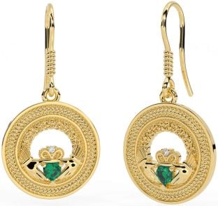 Emerald Gold Silver Celtic Claddagh Trinity Knot Dangle Earrings