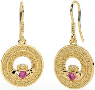 Pink Tourmaline Gold Silver Celtic Claddagh Trinity Knot Dangle Earrings