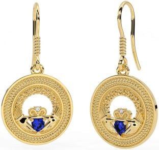 Sapphire Gold Silver Celtic Claddagh Trinity Knot Dangle Earrings