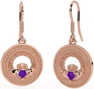 Amethyst Rose Gold Celtic Claddagh Trinity Knot Dangle Earrings