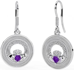 Amethyst Silver Celtic Claddagh Trinity Knot Dangle Earrings