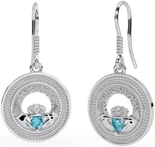 Aquamarine Silver Celtic Claddagh Trinity Knot Dangle Earrings