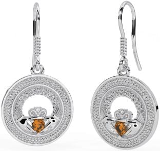 Citrine Silver Celtic Claddagh Trinity Knot Dangle Earrings