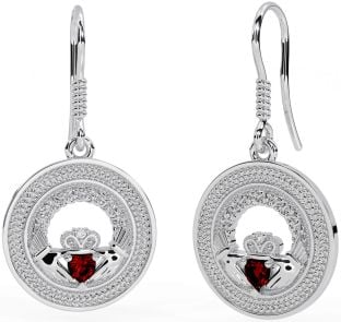 Garnet Silver Celtic Claddagh Trinity Knot Dangle Earrings