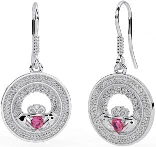 Pink Tourmaline Silver Celtic Claddagh Trinity Knot Dangle Earrings