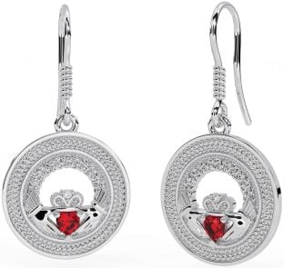 Ruby Silver Celtic Claddagh Trinity Knot Dangle Earrings