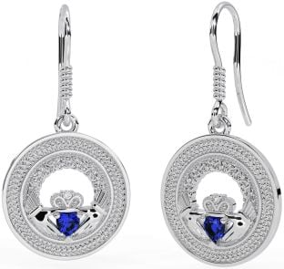 Sapphire Silver Celtic Claddagh Trinity Knot Dangle Earrings