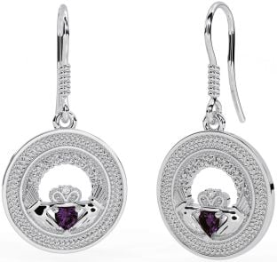 Alexandrite White Gold Celtic Claddagh Trinity Knot Dangle Earrings