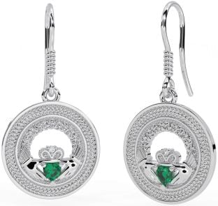 Emerald White Gold Celtic Claddagh Trinity Knot Dangle Earrings