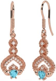 Diamond Aquamarine Rose Gold Silver Claddagh Celtic Trinity Knot Dangle Earrings