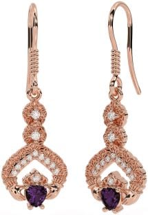 Diamond Alexandrite Rose Gold Silver Claddagh Celtic Trinity Knot Dangle Earrings