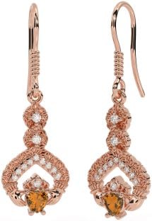 Diamond Citrine Rose Gold Silver Claddagh Celtic Trinity Knot Dangle Earrings