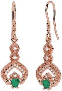 Diamond Emerald Rose Gold Silver Claddagh Celtic Trinity Knot Dangle Earrings