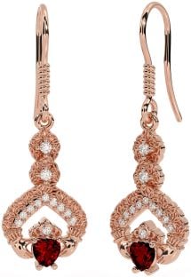 Diamond Garnet Rose Gold Silver Claddagh Celtic Trinity Knot Dangle Earrings