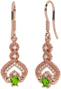 Diamond Peridot Rose Gold Silver Claddagh Celtic Trinity Knot Dangle Earrings