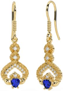 Diamond Sapphire Gold Silver Claddagh Celtic Trinity Knot Dangle Earrings