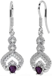 Diamond Alexandrite White Gold Claddagh Celtic Trinity Knot Dangle Earrings