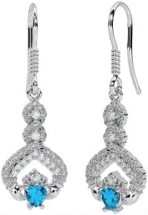 Diamond Topaz White Gold Claddagh Celtic Trinity Knot Dangle Earrings