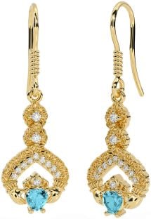 Diamante Aguamarina Oro Claddagh céltico Trinidad Nudo Colgar Pendientes