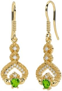 Diamond Peridot Gold Claddagh Celtic Trinity Knot Dangle Earrings