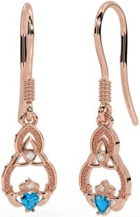 Diamond Topaz Rose Gold Silver Claddagh Celtic Trinity Knot Dangle Earrings