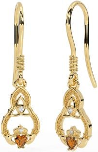 Diamond Citrine Gold Silver Claddagh Celtic Trinity Knot Dangle Earrings
