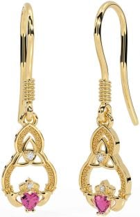 Diamond Pink Tourmaline Gold Silver Claddagh Celtic Trinity Knot Dangle Earrings