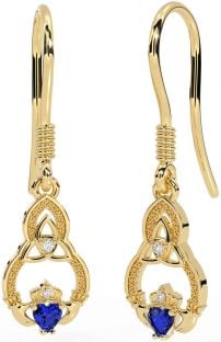 Diamond Sapphire Gold Silver Claddagh Celtic Trinity Knot Dangle Earrings