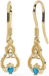 Diamond Topaz Gold Silver Claddagh Celtic Trinity Knot Dangle Earrings