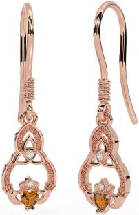 Diamond Citrine Rose Gold Claddagh Celtic Trinity Knot Dangle Earrings