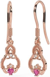 Diamond Pink Tourmaline Rose Gold Claddagh Celtic Trinity Knot Dangle Earrings