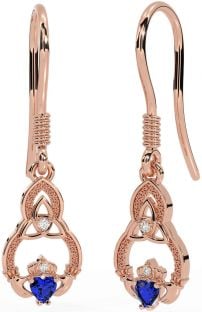 Diamond Sapphire Rose Gold Claddagh Celtic Trinity Knot Dangle Earrings