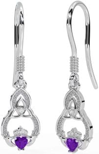 Diamond Amethyst Silver Claddagh Celtic Trinity Knot Dangle Earrings