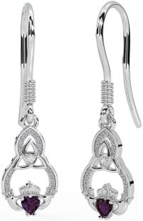 Diamond Alexandrite Silver Claddagh Celtic Trinity Knot Dangle Earrings