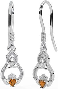 Diamond Citrine Silver Claddagh Celtic Trinity Knot Dangle Earrings