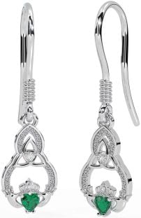 Diamond Emerald Silver Claddagh Celtic Trinity Knot Dangle Earrings