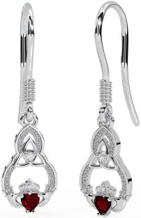 Diamond Garnet Silver Claddagh Celtic Trinity Knot Dangle Earrings