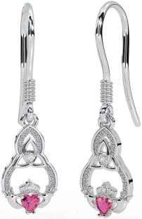 Diamond Pink Tourmaline Silver Claddagh Celtic Trinity Knot Dangle Earrings