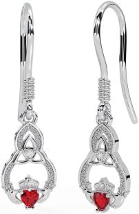 Diamond Ruby Silver Claddagh Celtic Trinity Knot Dangle Earrings