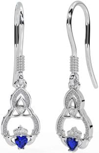 Diamond Sapphire Silver Claddagh Celtic Trinity Knot Dangle Earrings