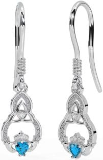 Diamond Topaz White Gold Claddagh Celtic Trinity Knot Dangle Earrings
