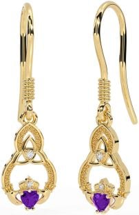 Diamond Amethyst Gold Claddagh Celtic Trinity Knot Dangle Earrings
