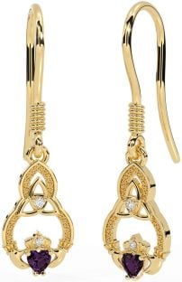 Diamond Alexandrite Gold Claddagh Celtic Trinity Knot Dangle Earrings