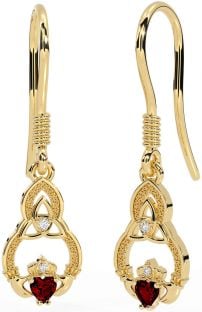 Diamond Garnet Gold Claddagh Celtic Trinity Knot Dangle Earrings